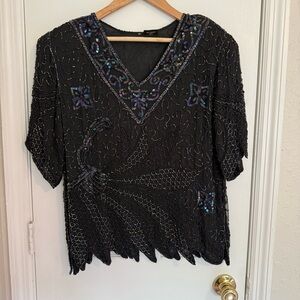 Mark And John II Black Silk Sequin Beaded Shirt Formal Dressy Top XL Vintage